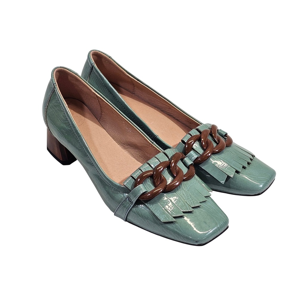 Green Fringe Block Heel Loafer with Brown Chain Accent